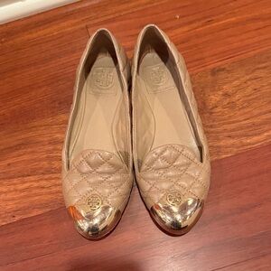 Tory Burch Beige Quilted Flats with Gold Tips
